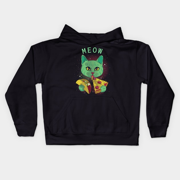 Cosmic Space Cat Eating Taco And Pizza Kids Hoodie by Blue Zebra